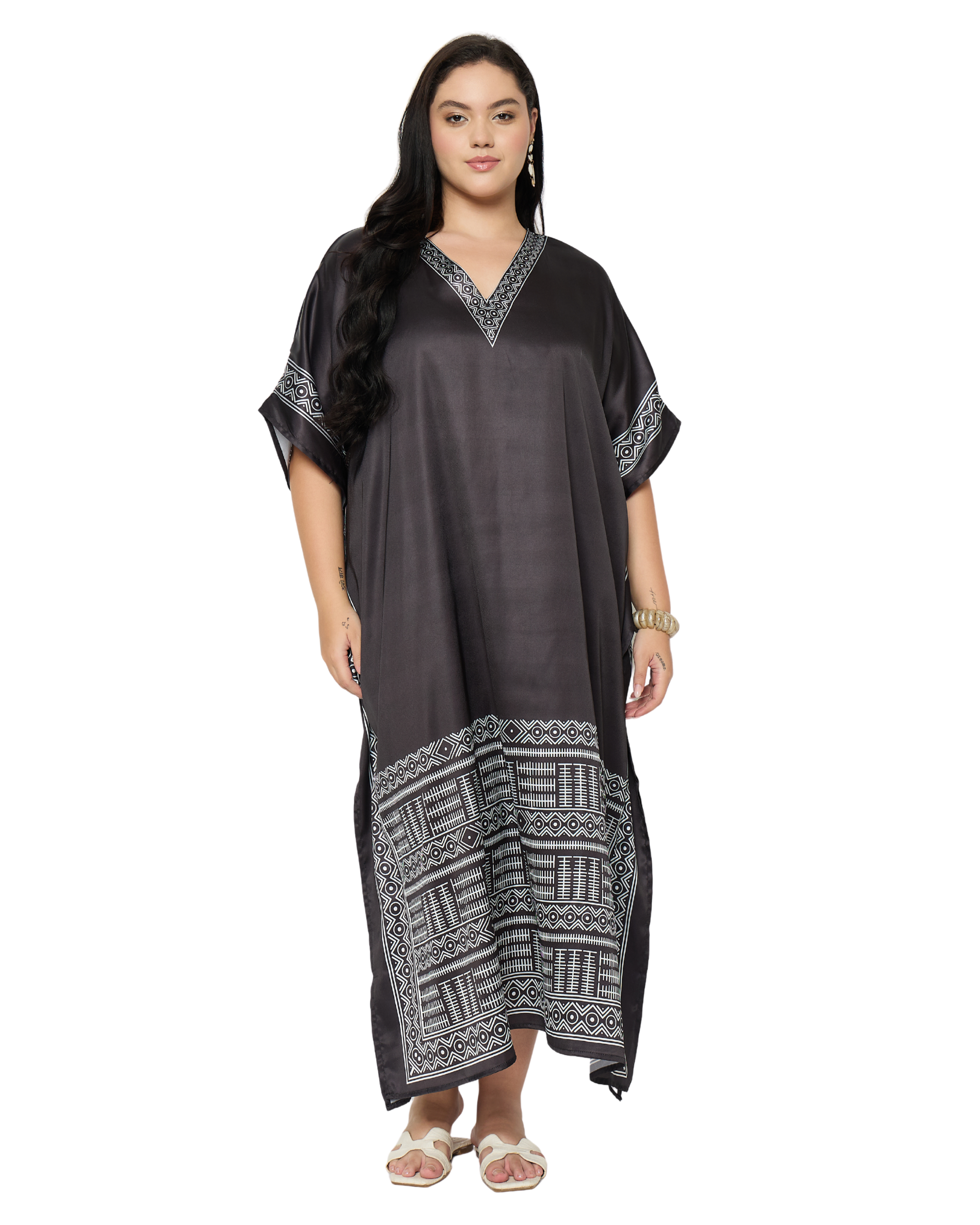 Black Tribal Satin Women Plus Size Caftan Dress