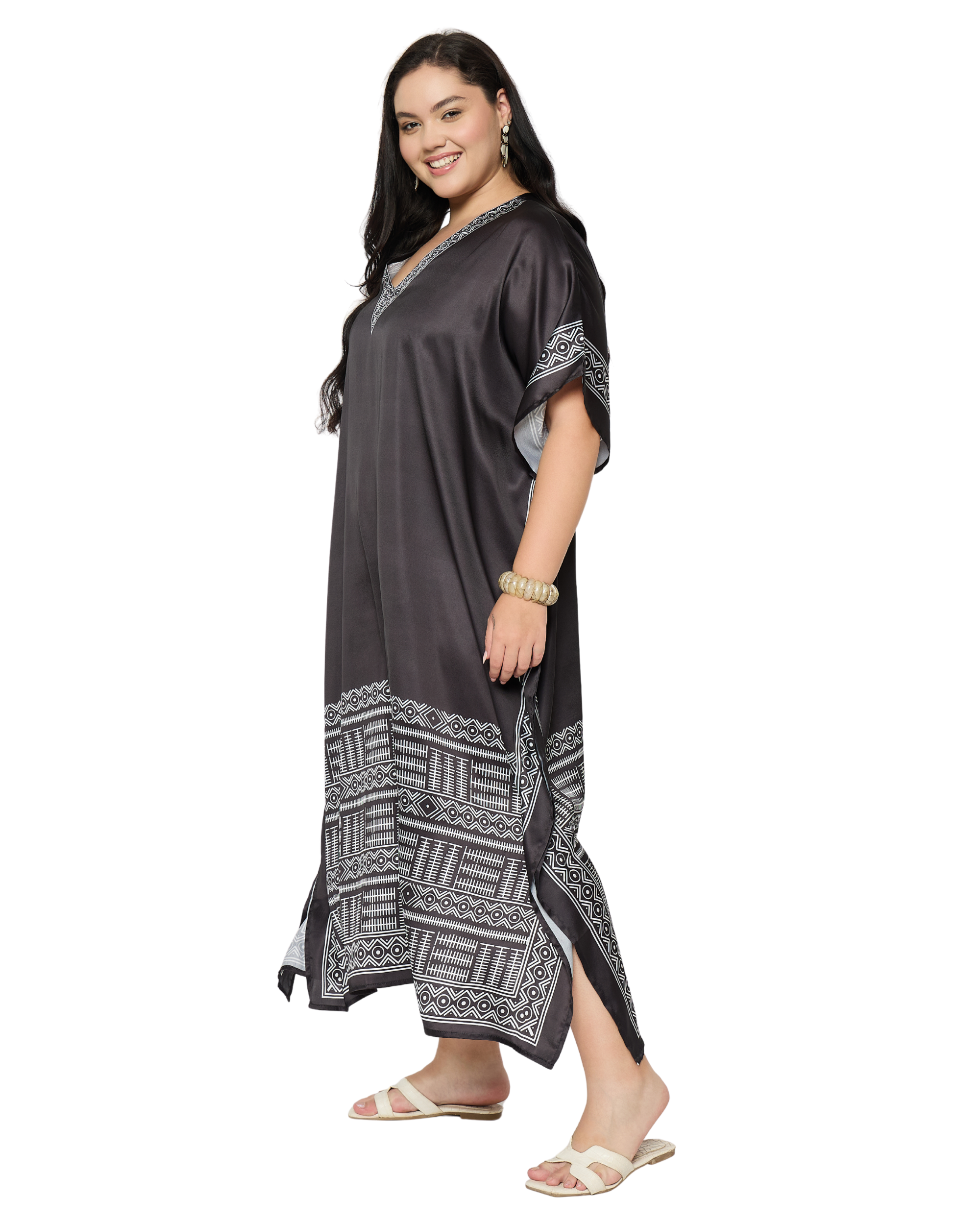 Black Tribal Satin Women Plus Size Caftan Dress