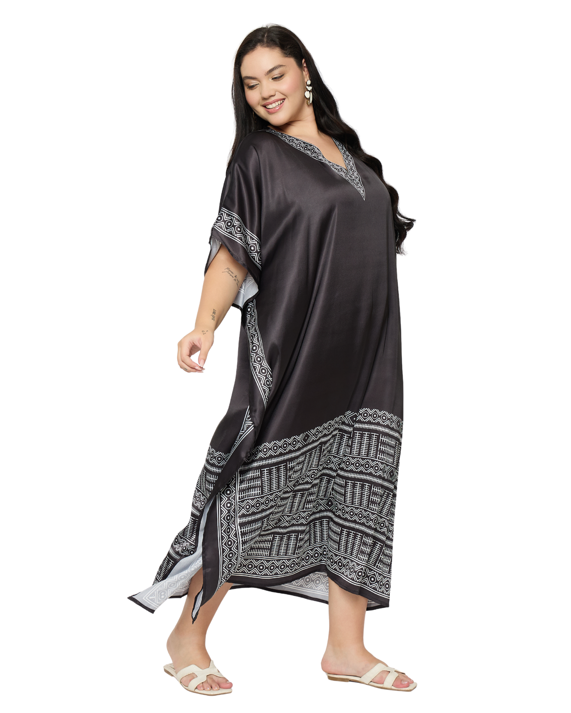 Black Tribal Satin Women Plus Size Caftan Dress