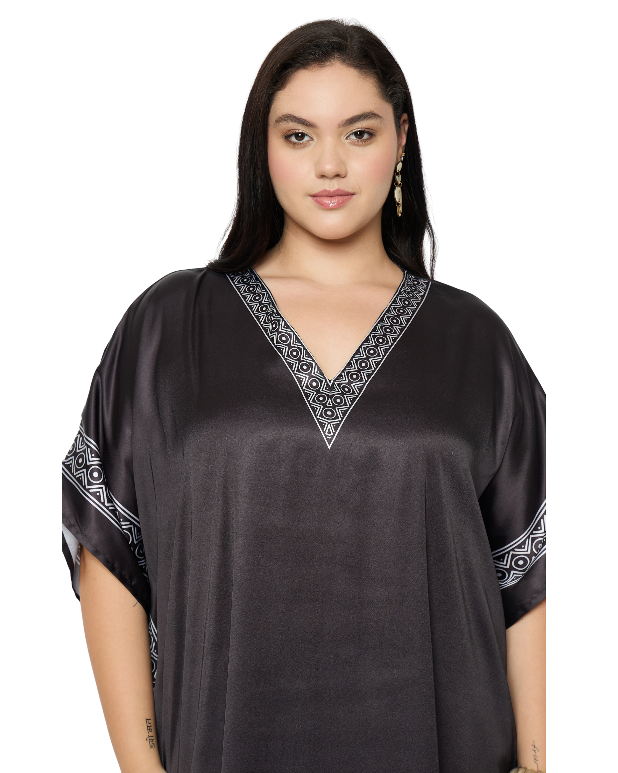 Black Tribal Satin Women Plus Size Caftan Dress