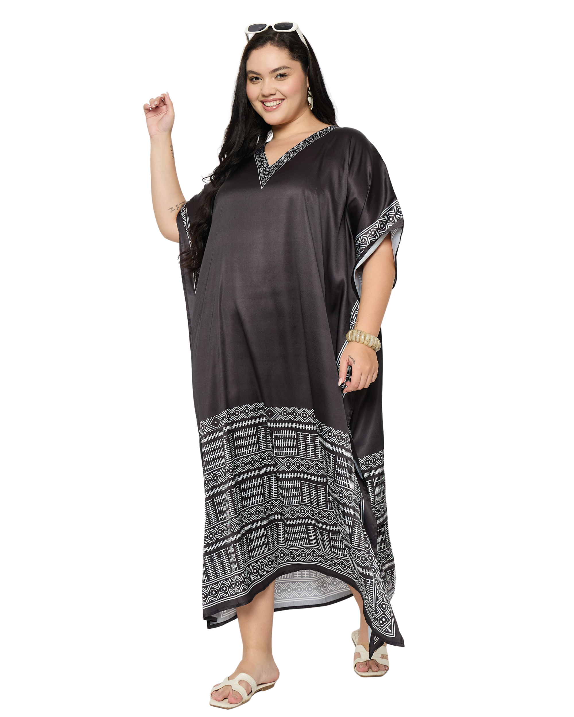 Black Tribal Satin Women Plus Size Caftan Dress