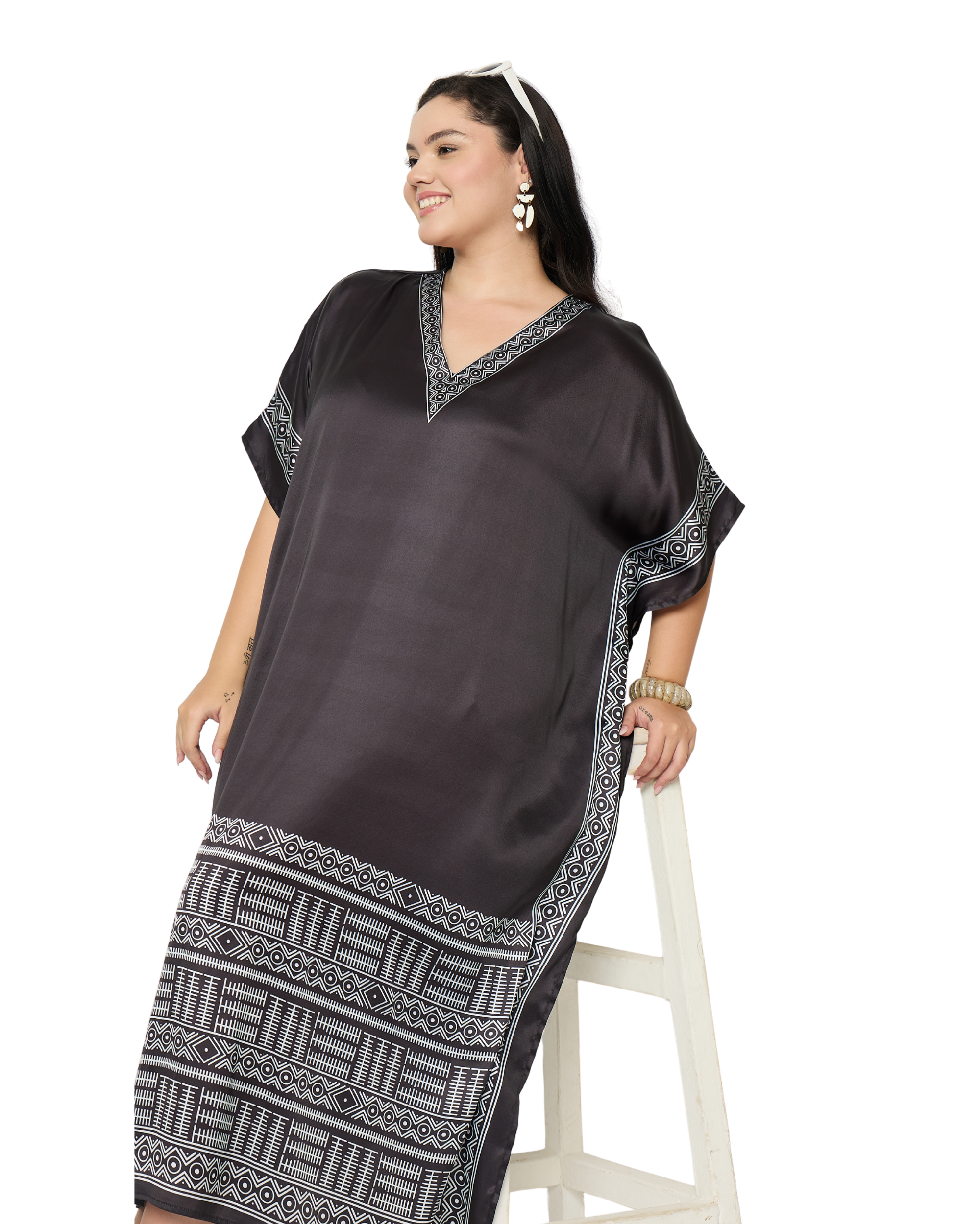 Black Tribal Satin Women Plus Size Caftan Dress