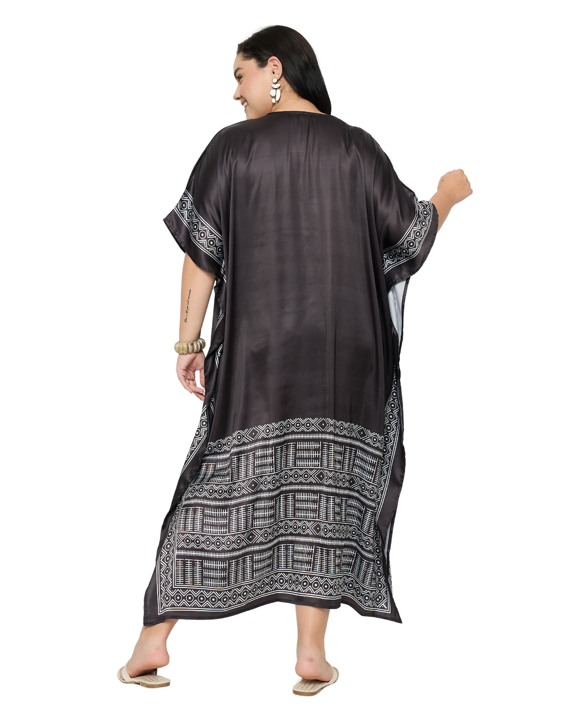 Black Tribal Satin Women Plus Size Caftan Dress