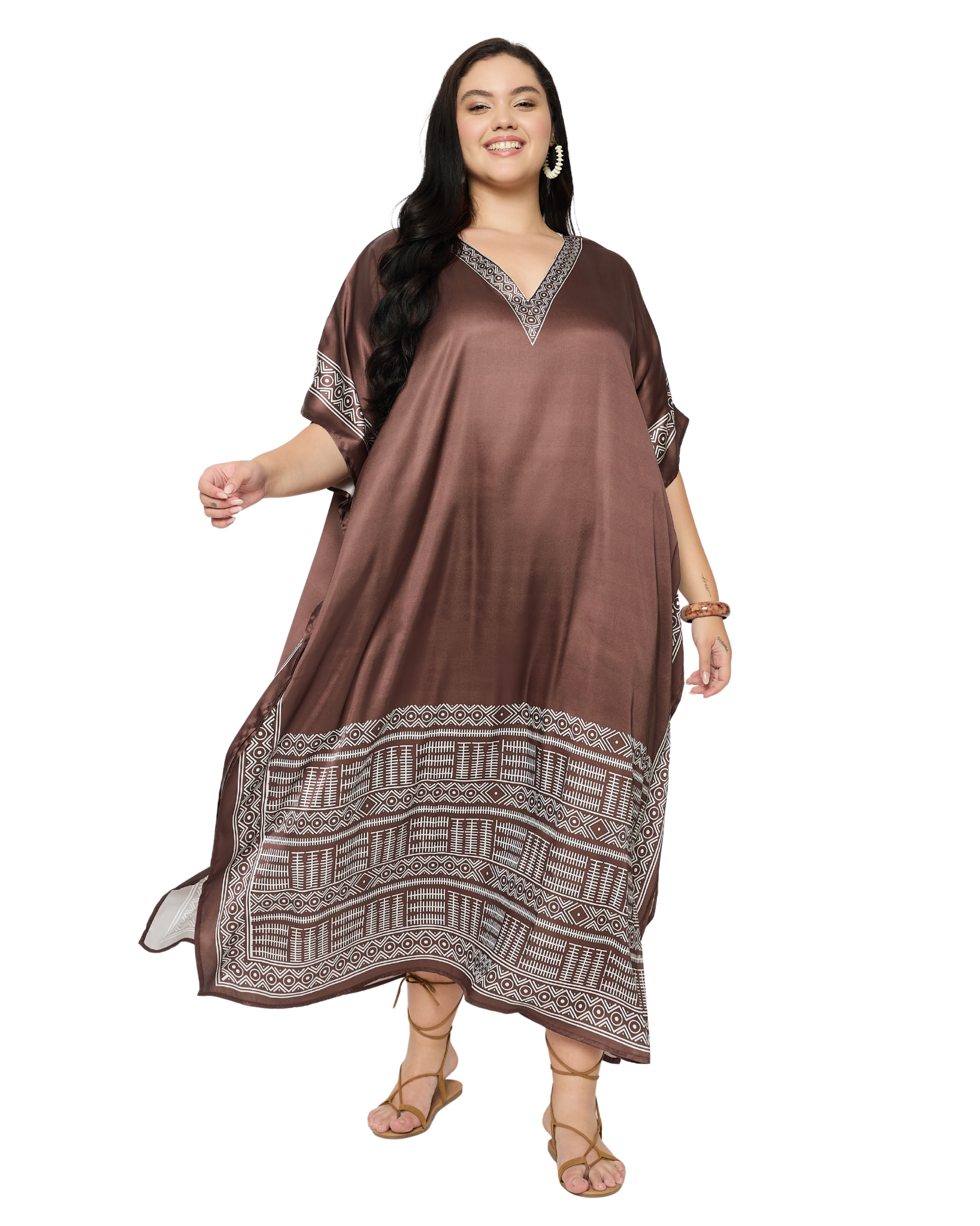 Brown Tribal Satin Women Plus Size Caftan Dress