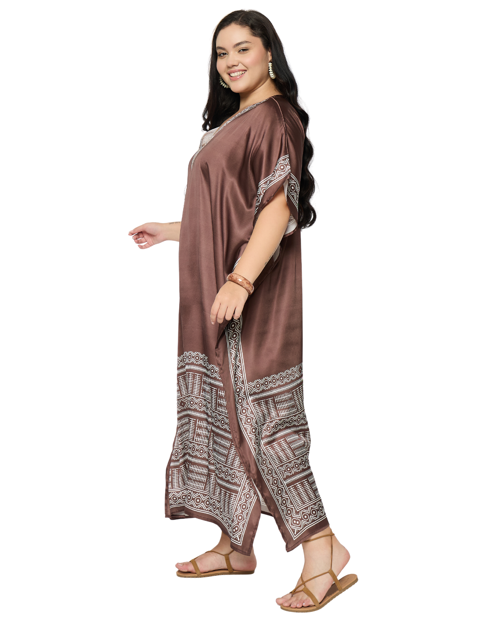 Brown Tribal Satin Women Plus Size Caftan Dress