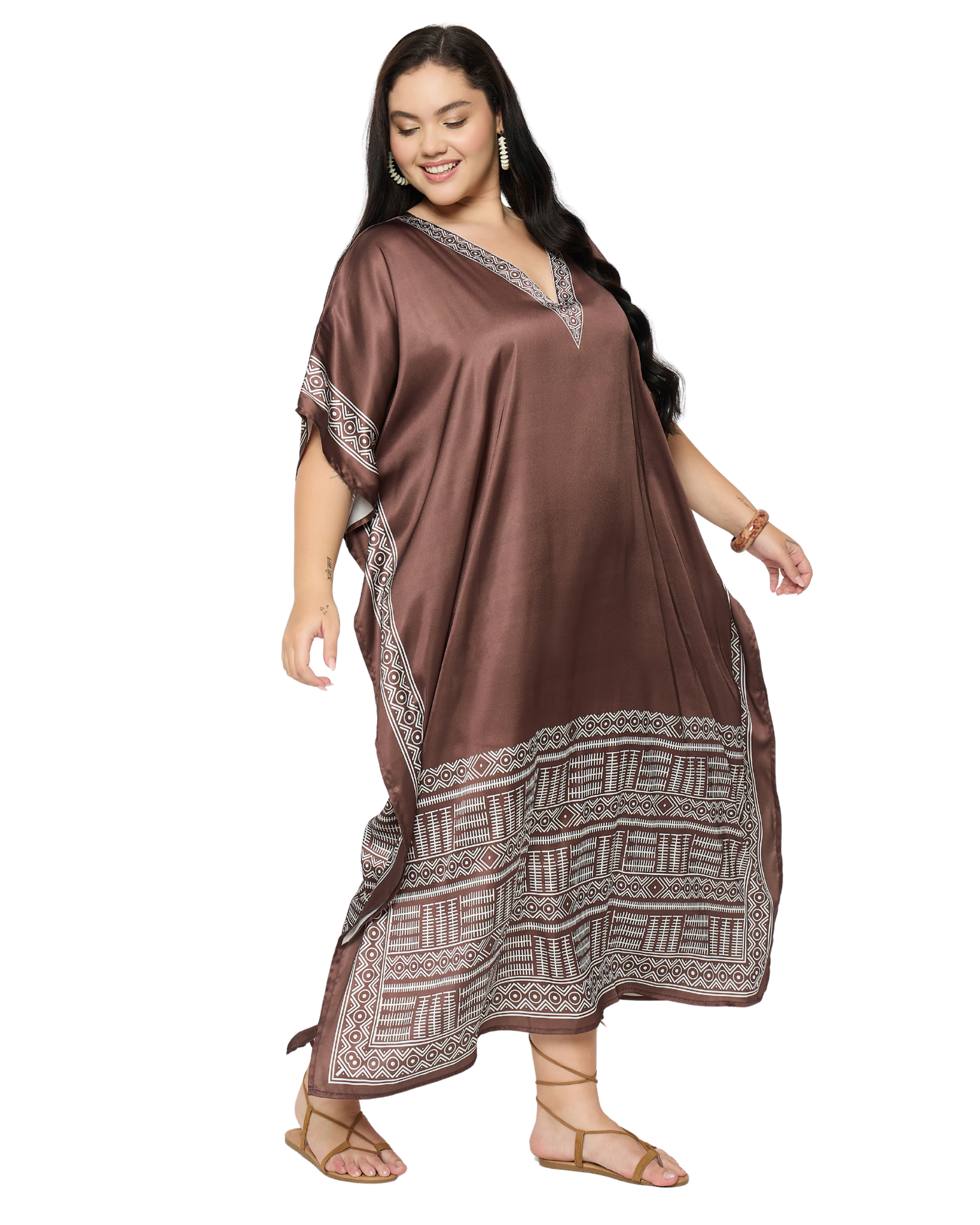 Brown Tribal Satin Women Plus Size Caftan Dress