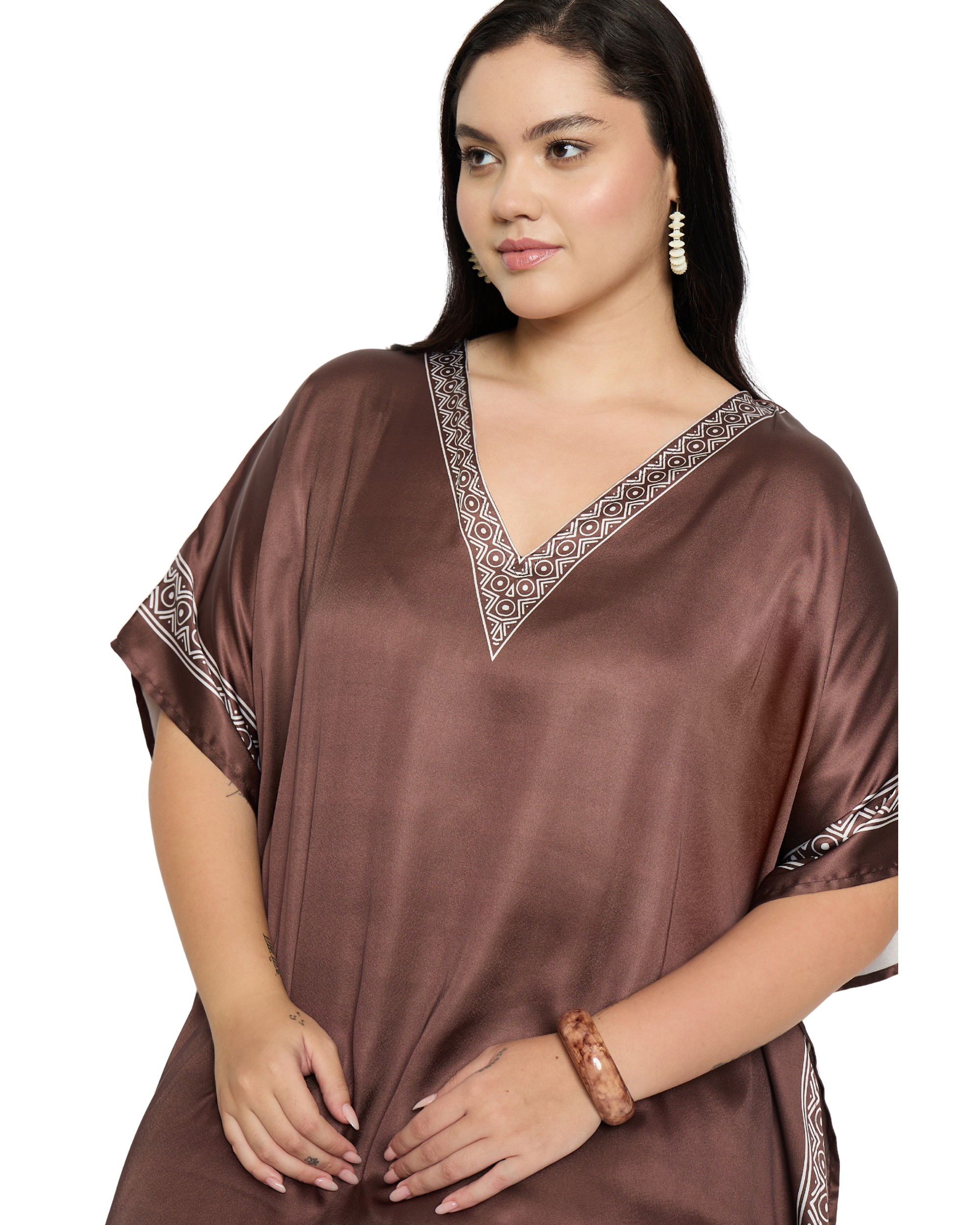 Brown Tribal Satin Women Plus Size Caftan Dress