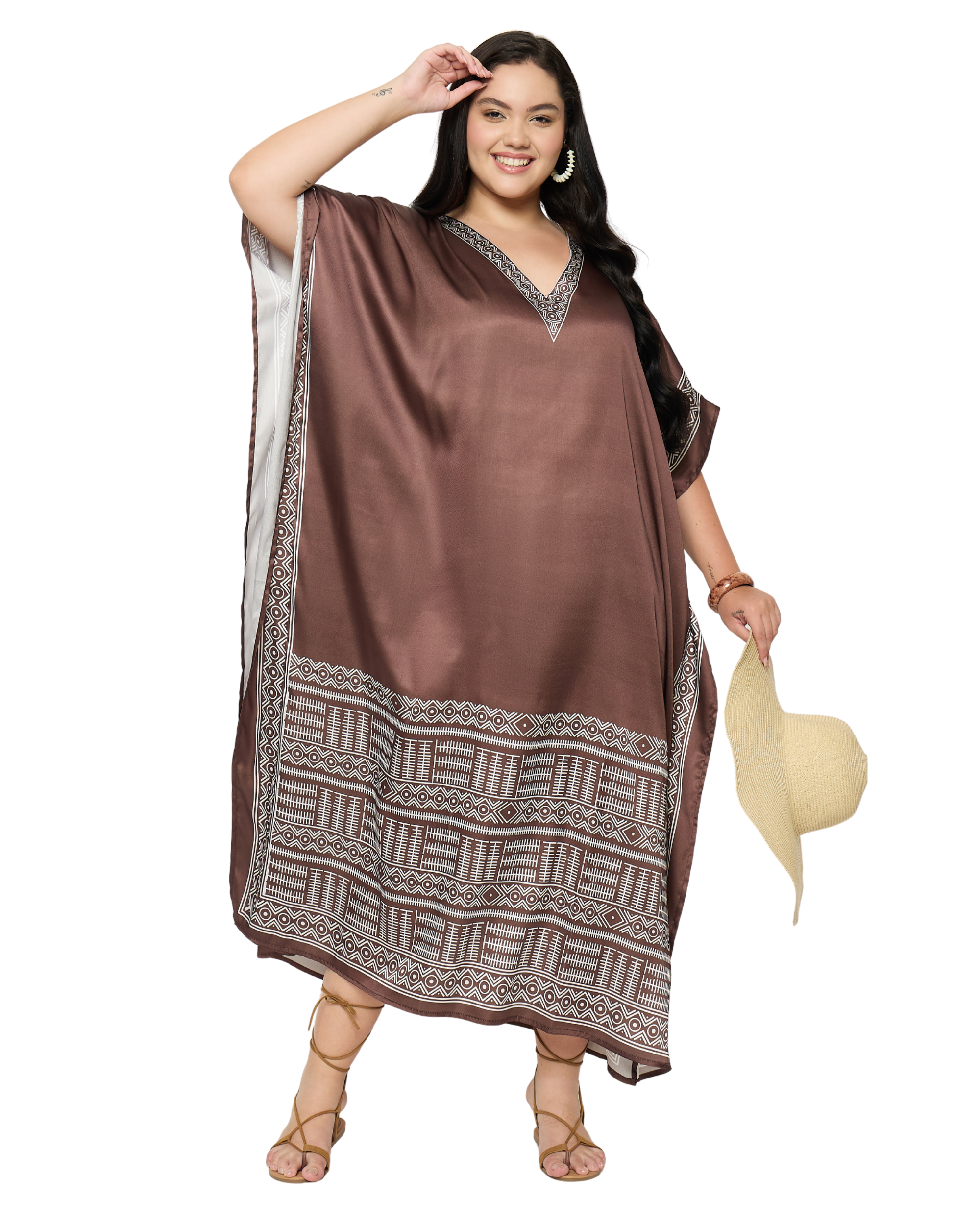 Brown Tribal Satin Women Plus Size Caftan Dress
