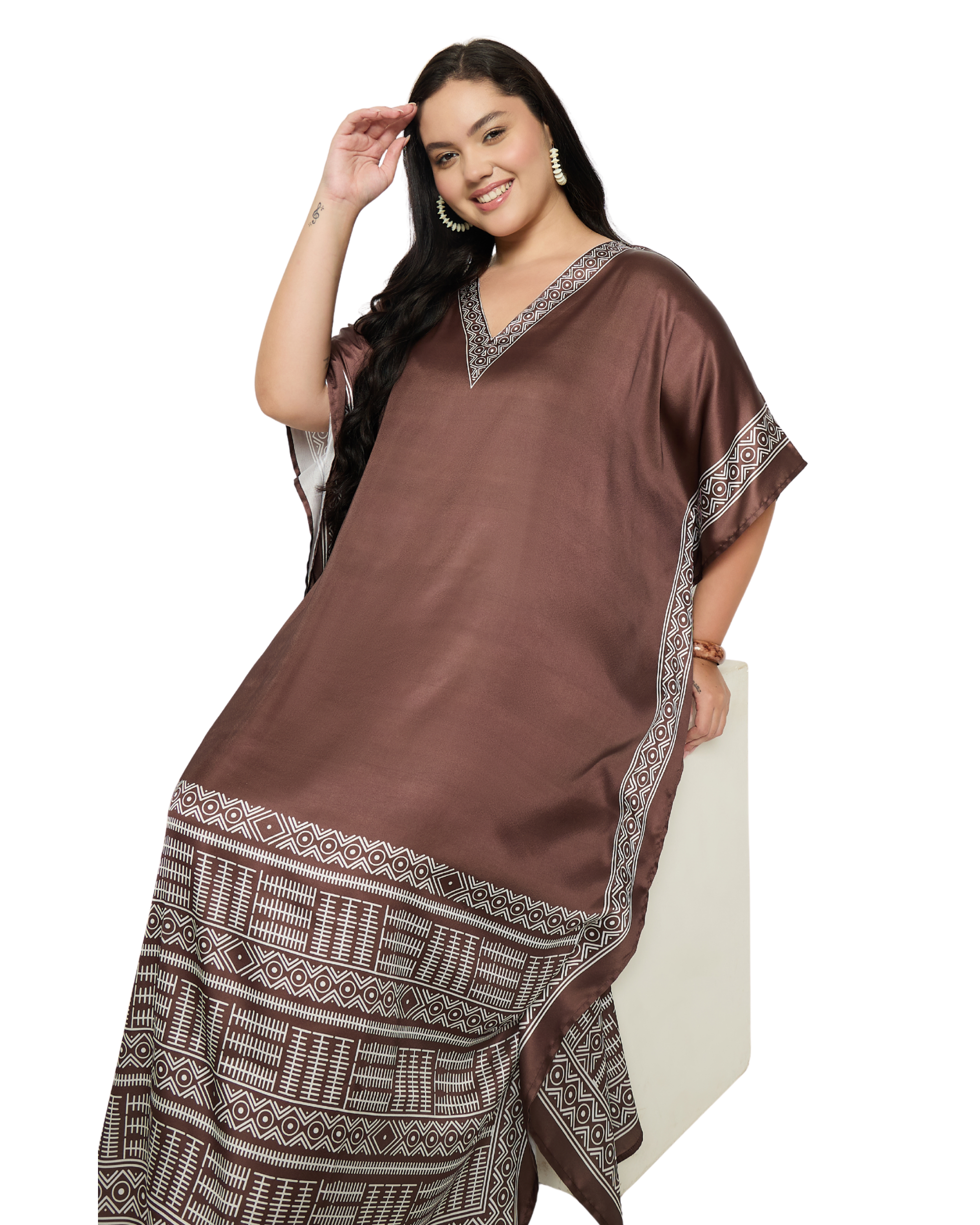 Brown Tribal Satin Women Plus Size Caftan Dress