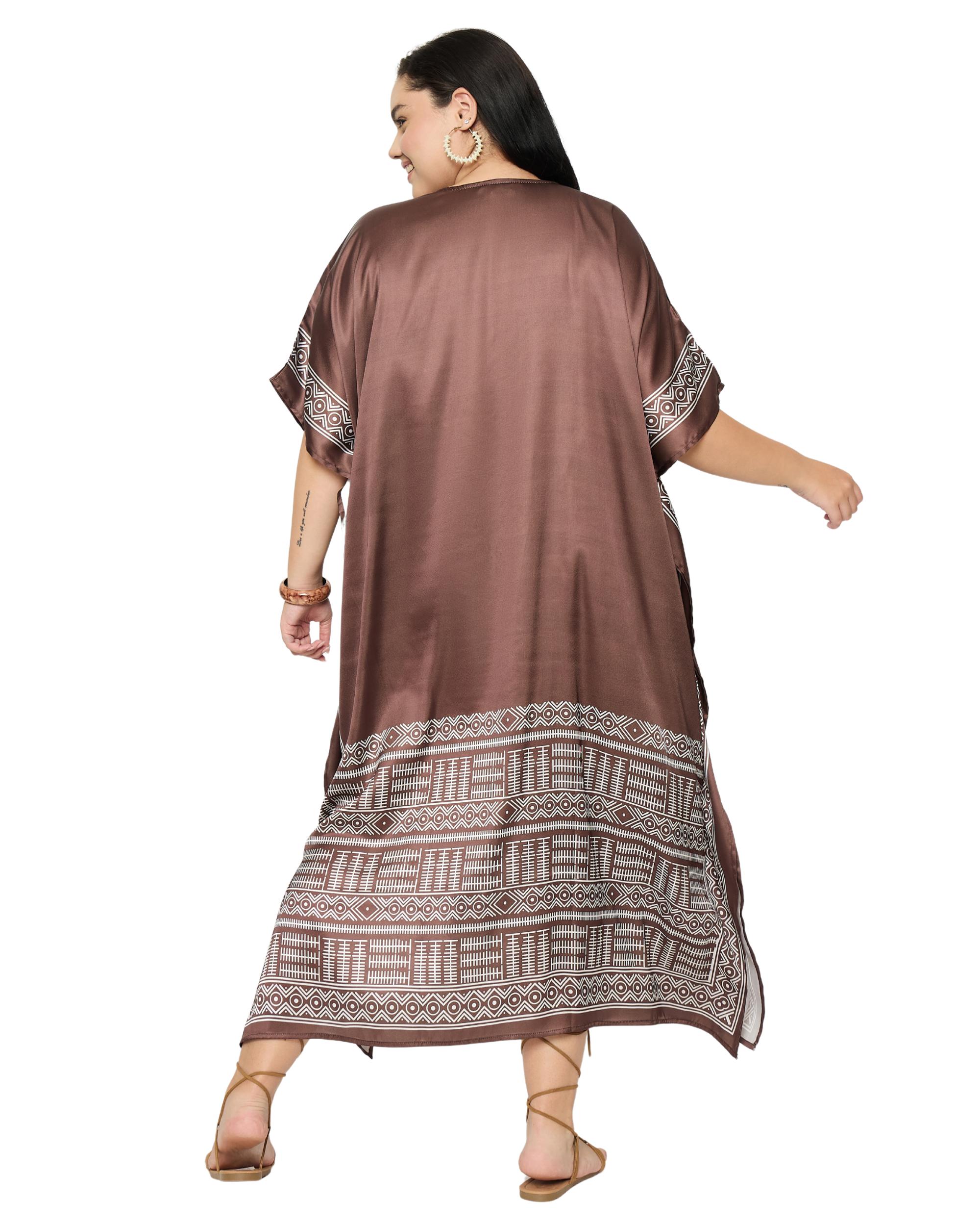 Brown Tribal Satin Women Plus Size Caftan Dress