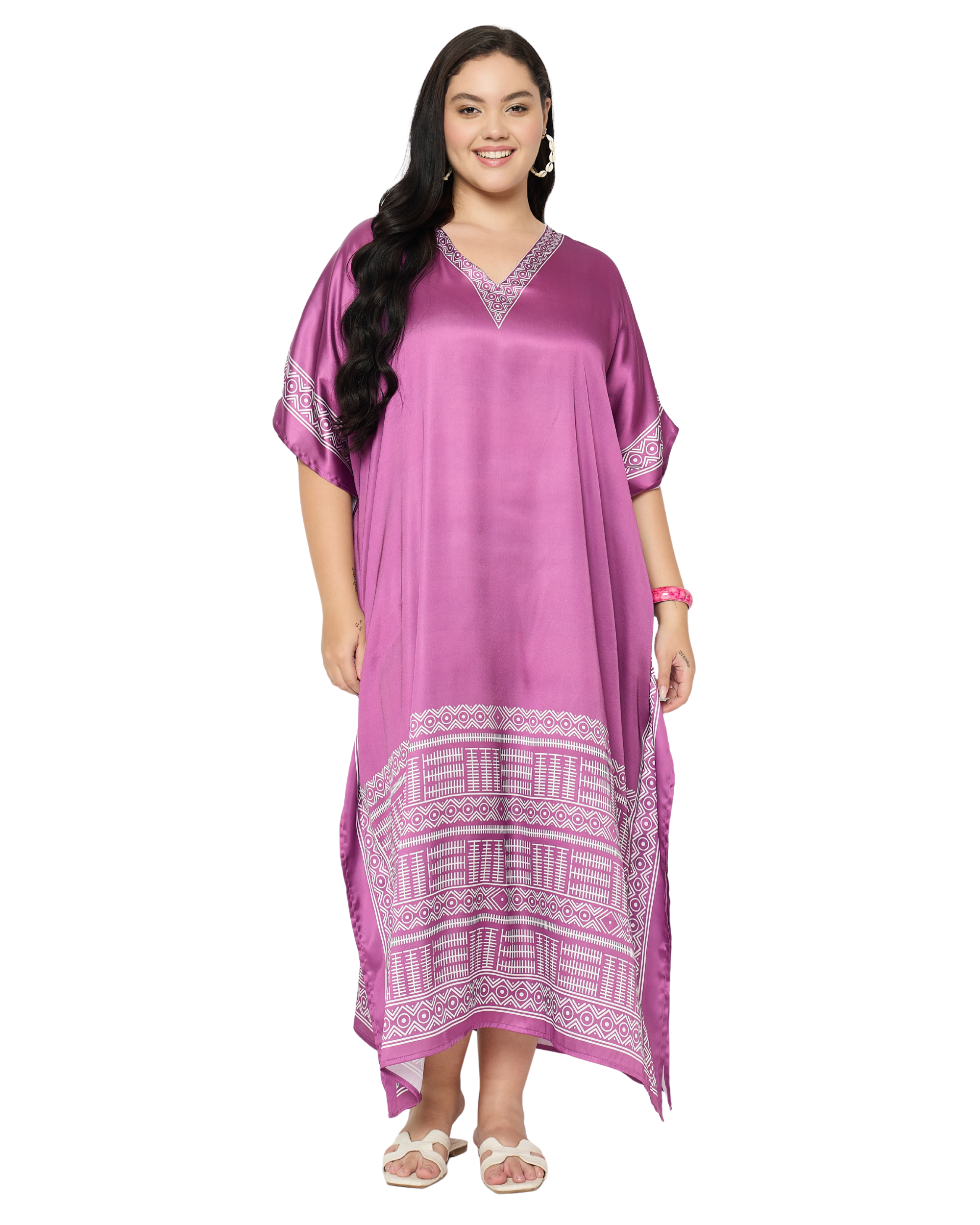 Pinkish Purple Tribal Satin Women Plus Size Caftan Dress