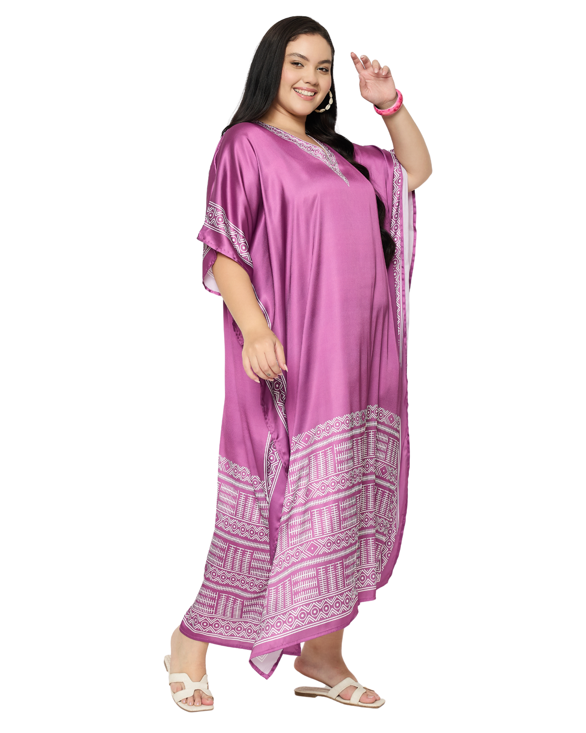 Pinkish Purple Tribal Satin Women Plus Size Caftan Dress