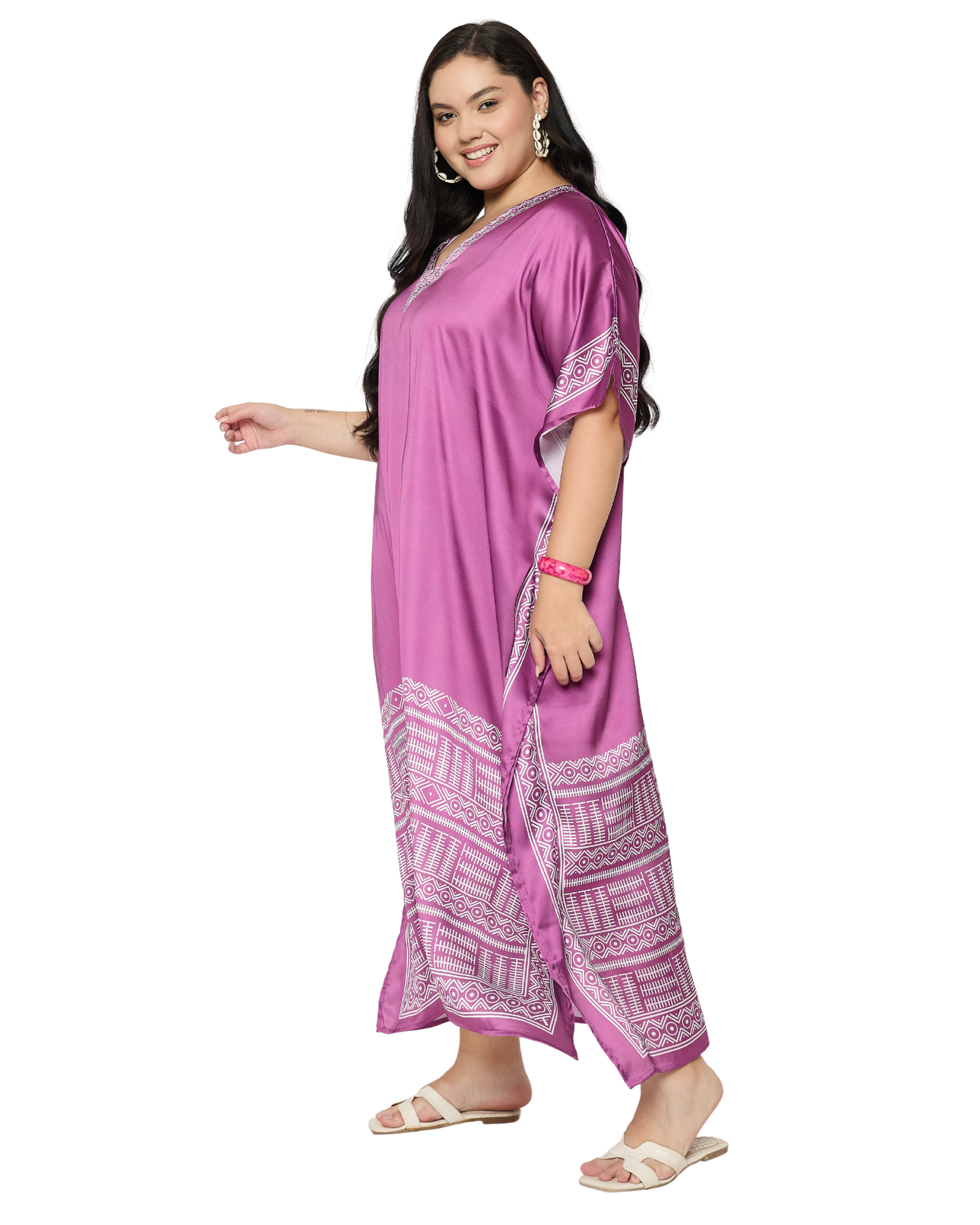 Pinkish Purple Tribal Satin Women Plus Size Caftan Dress