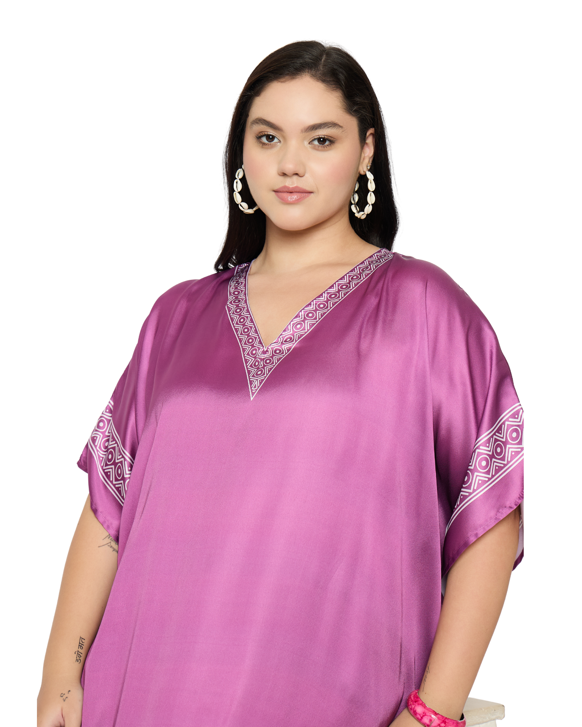 Pinkish Purple Tribal Satin Women Plus Size Caftan Dress