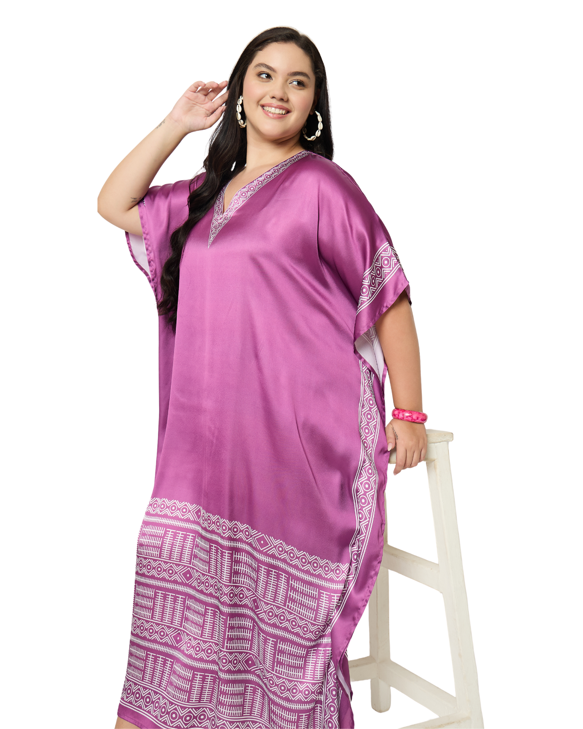 Pinkish Purple Tribal Satin Women Plus Size Caftan Dress