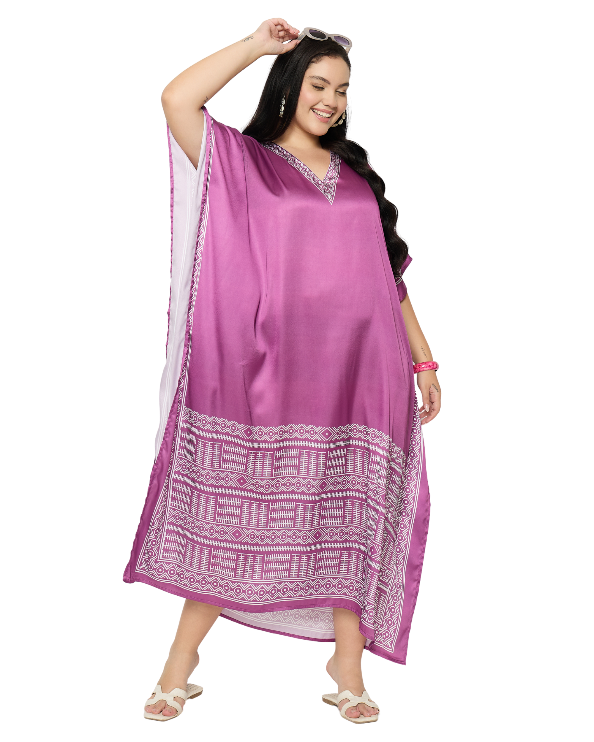 Pinkish Purple Tribal Satin Women Plus Size Caftan Dress