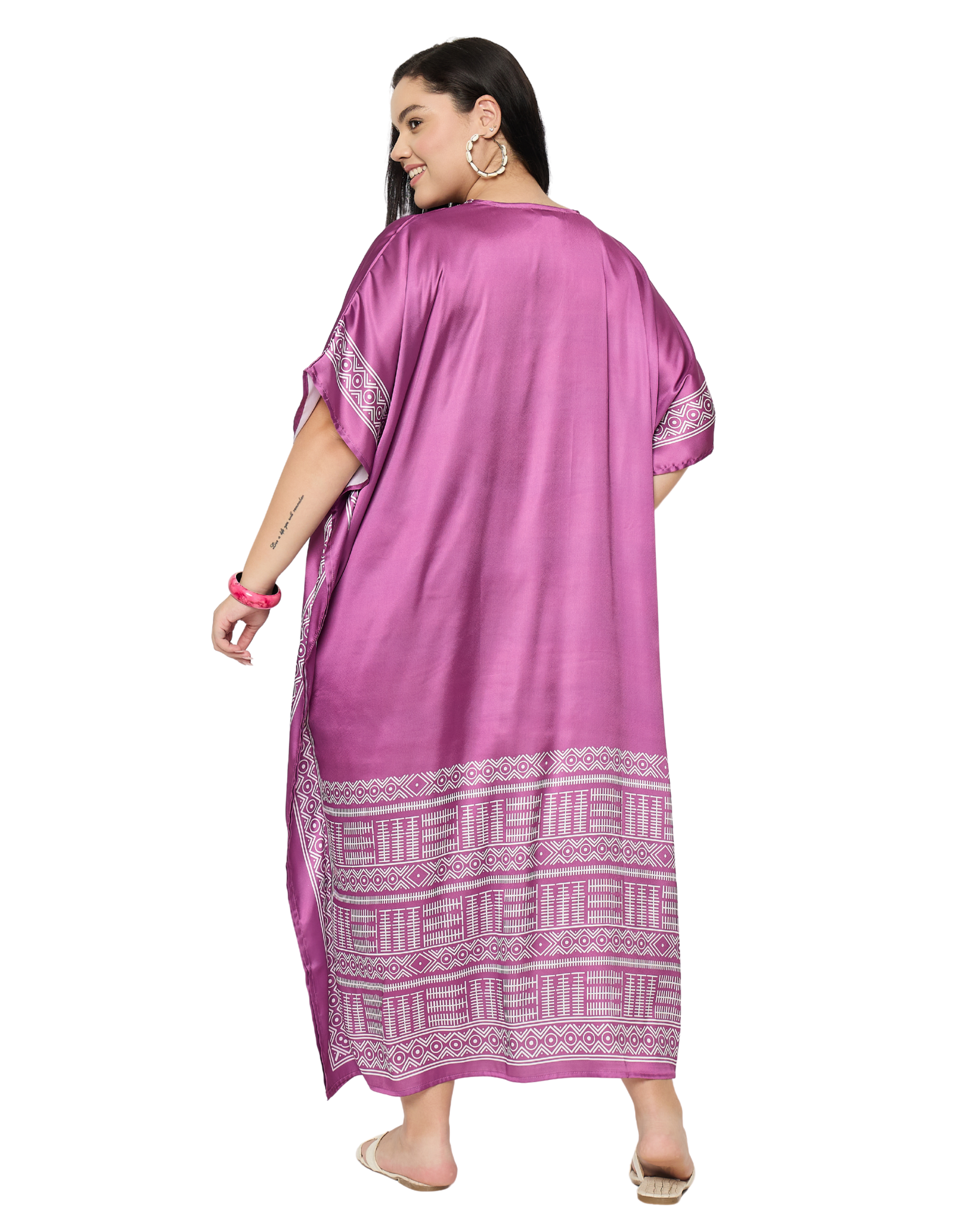Pinkish Purple Tribal Satin Women Plus Size Caftan Dress