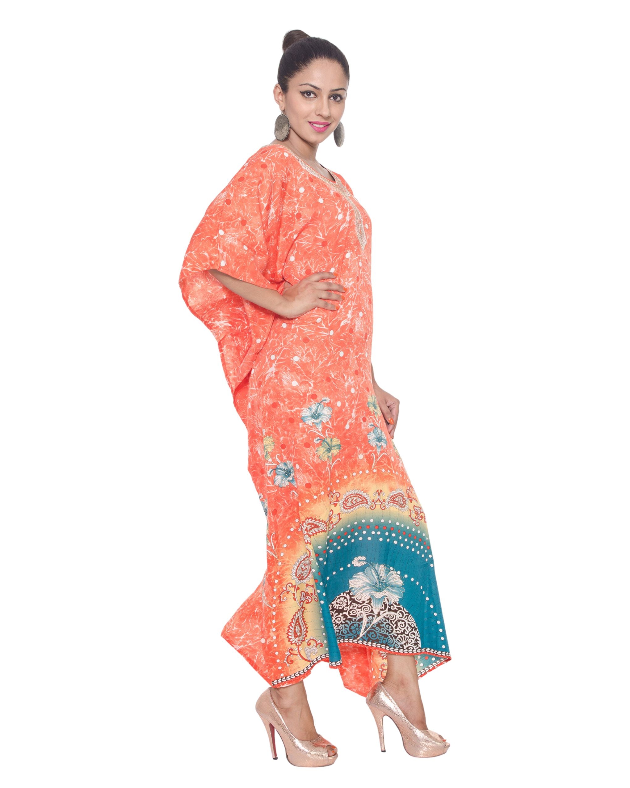 Orange Kimono Sleeve Plus Size Polyester Kaftan For Women