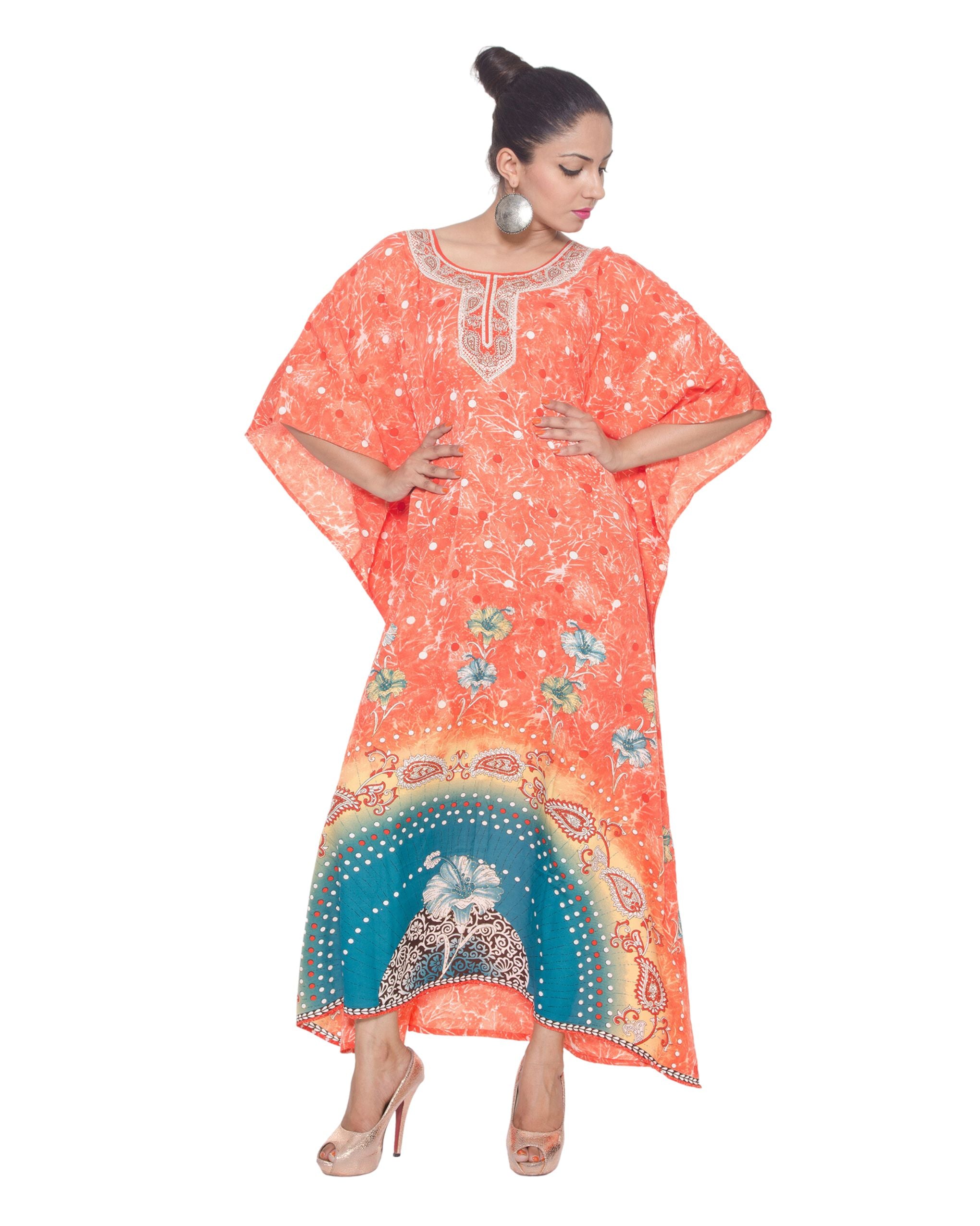 Orange Kimono Sleeve Plus Size Polyester Kaftan For Women