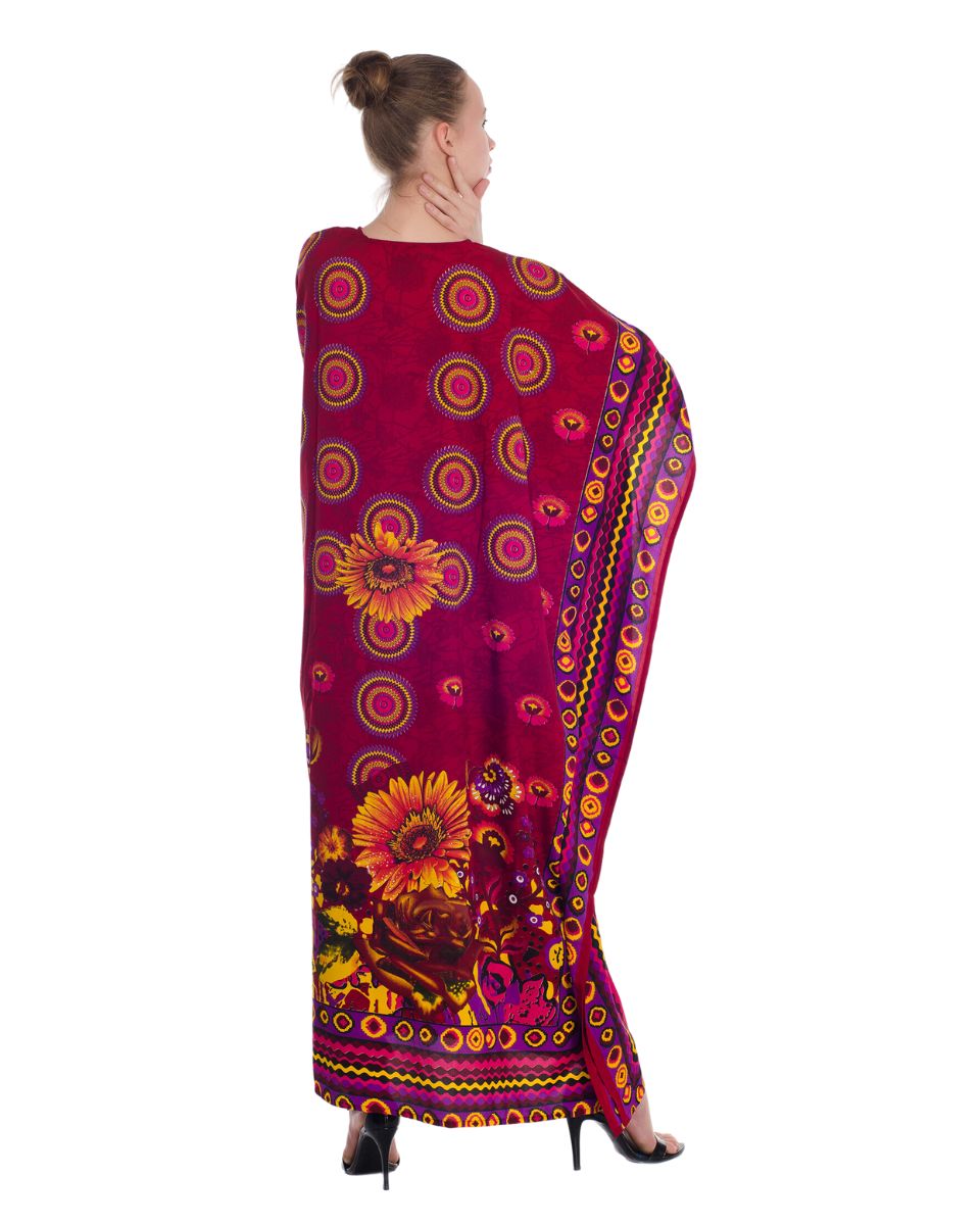 Red Floral Plus Size Loose Maxi Polyester Kaftan For Women