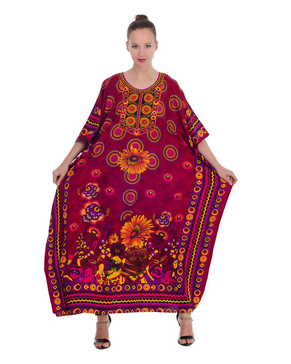 Red Floral Plus Size Loose Maxi Polyester Kaftan For Women