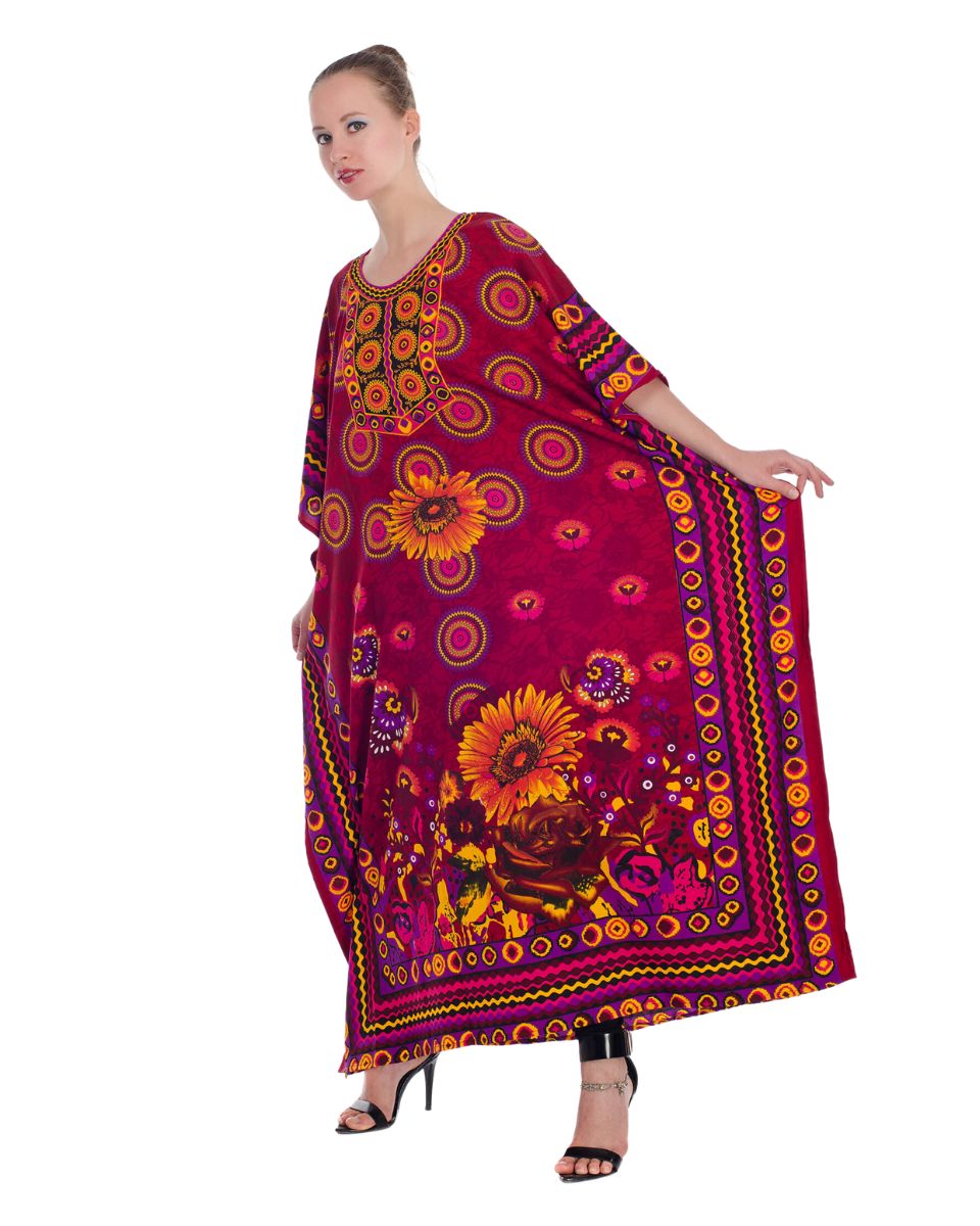 Red Floral Plus Size Loose Maxi Polyester Kaftan For Women