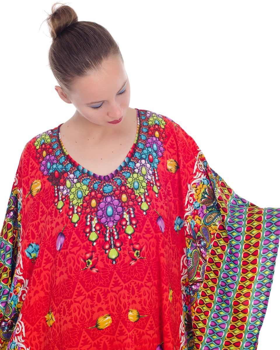 Caftan Red Floral Kimono Sleeve Polyester Maxi For Plus Size Women