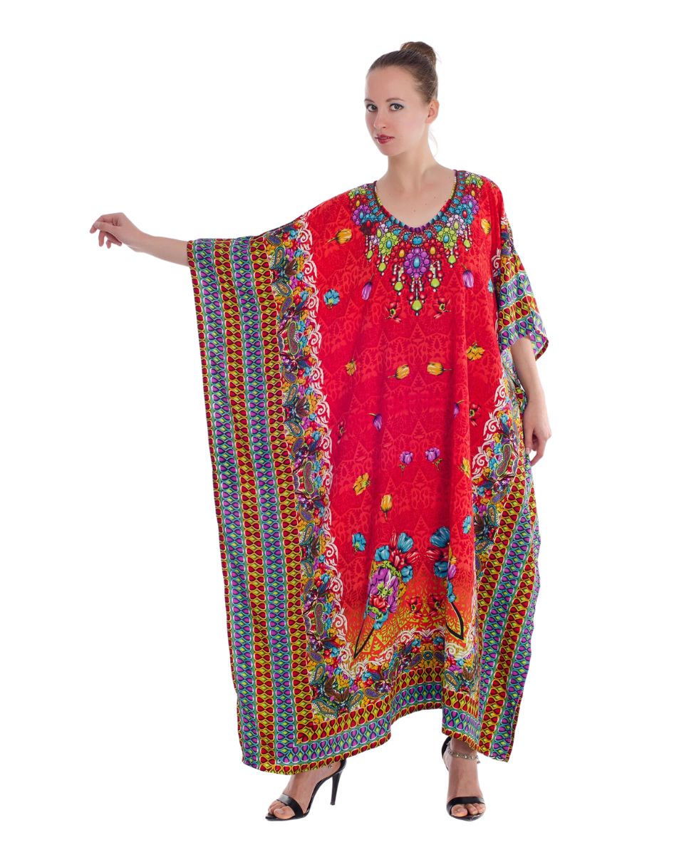 Caftan Red Floral Kimono Sleeve Polyester Maxi For Plus Size Women