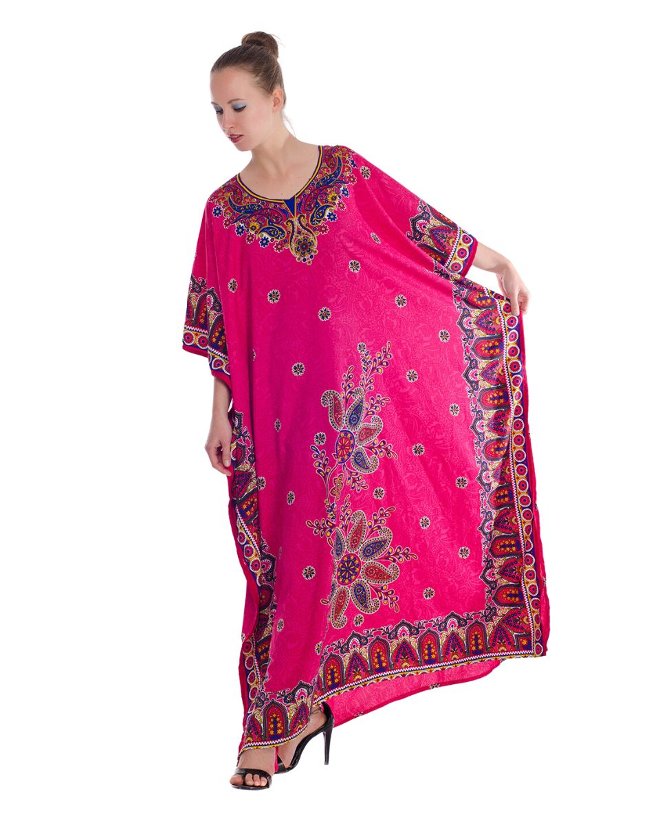 Red Polyester Paisley Pattern Long Kaftan For Plus Size Women