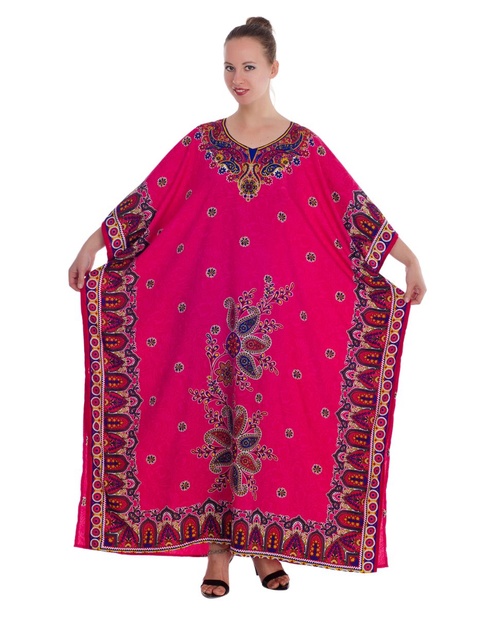 Red Polyester Paisley Pattern Long Kaftan For Plus Size Women