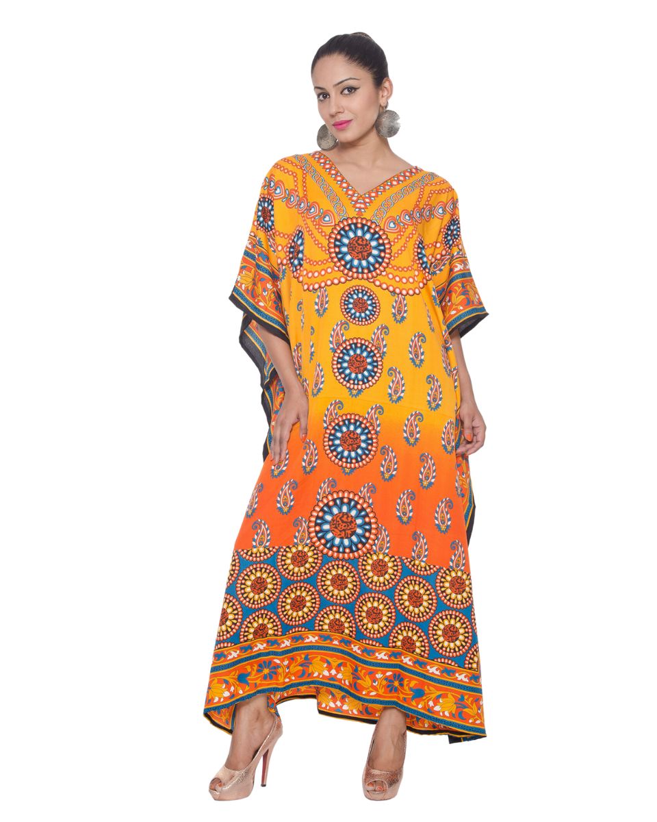 Yellow Paisley Print Kimono Sleeve Polyester Kaftan Plus Size Women