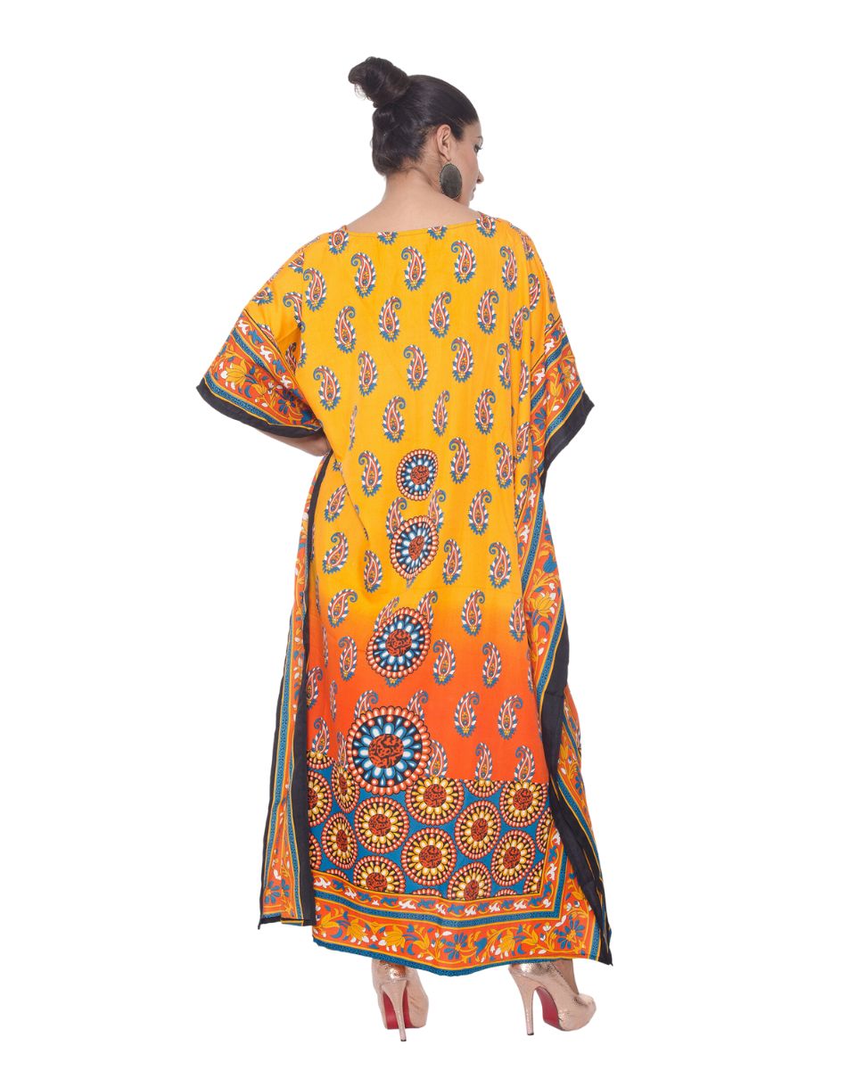 Yellow Paisley Print Kimono Sleeve Polyester Kaftan Plus Size Women