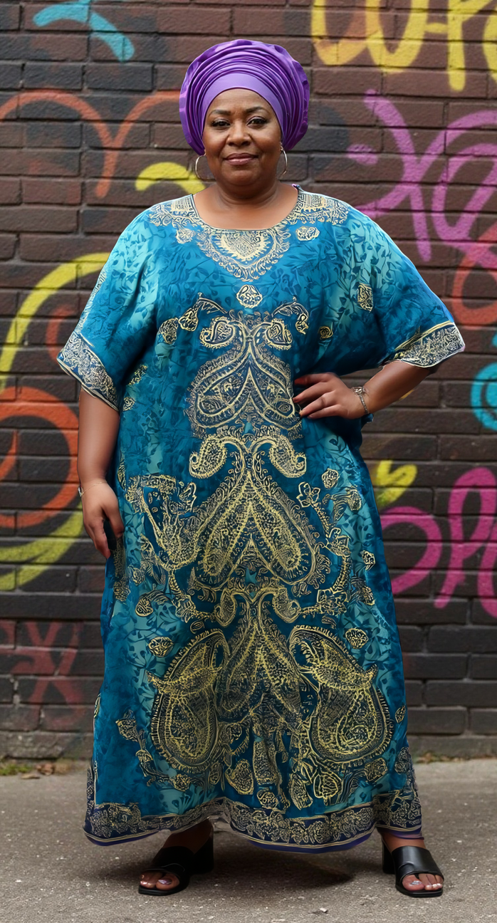 Paisley Print Turquoise Polyester Plus Size Kaftan For Women