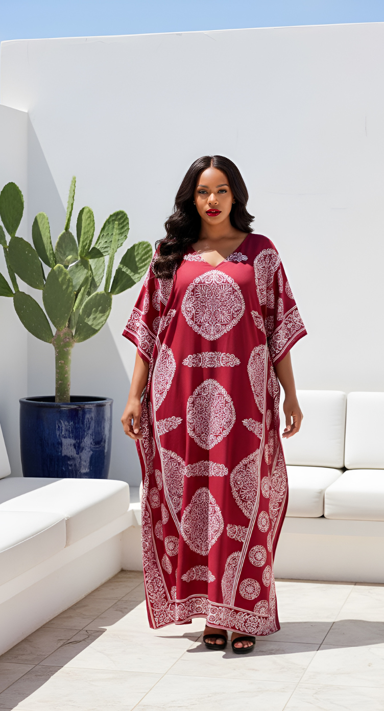 Floral Printed Wine Polyester Kaftan Plus Size Dress For Women