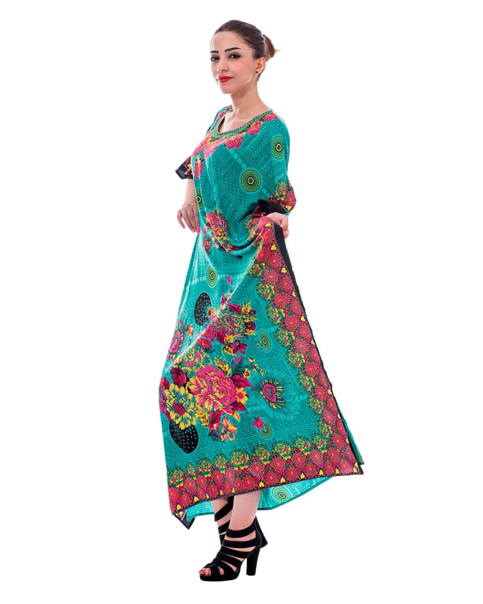 Green Floral Print Plus Size Kimono Sleeve Polyester Caftan For Women