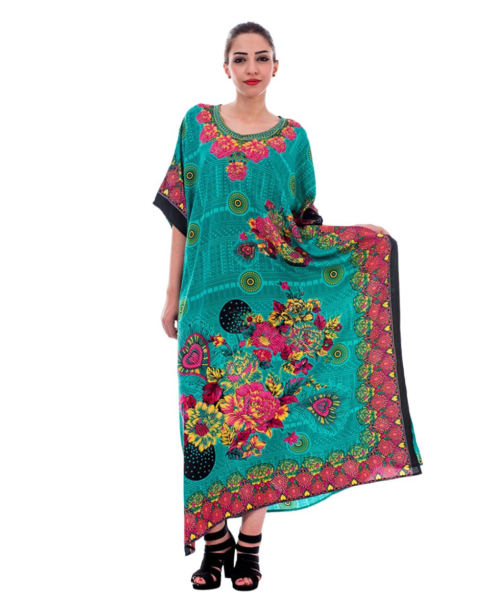 Green Floral Print Plus Size Kimono Sleeve Polyester Caftan For Women