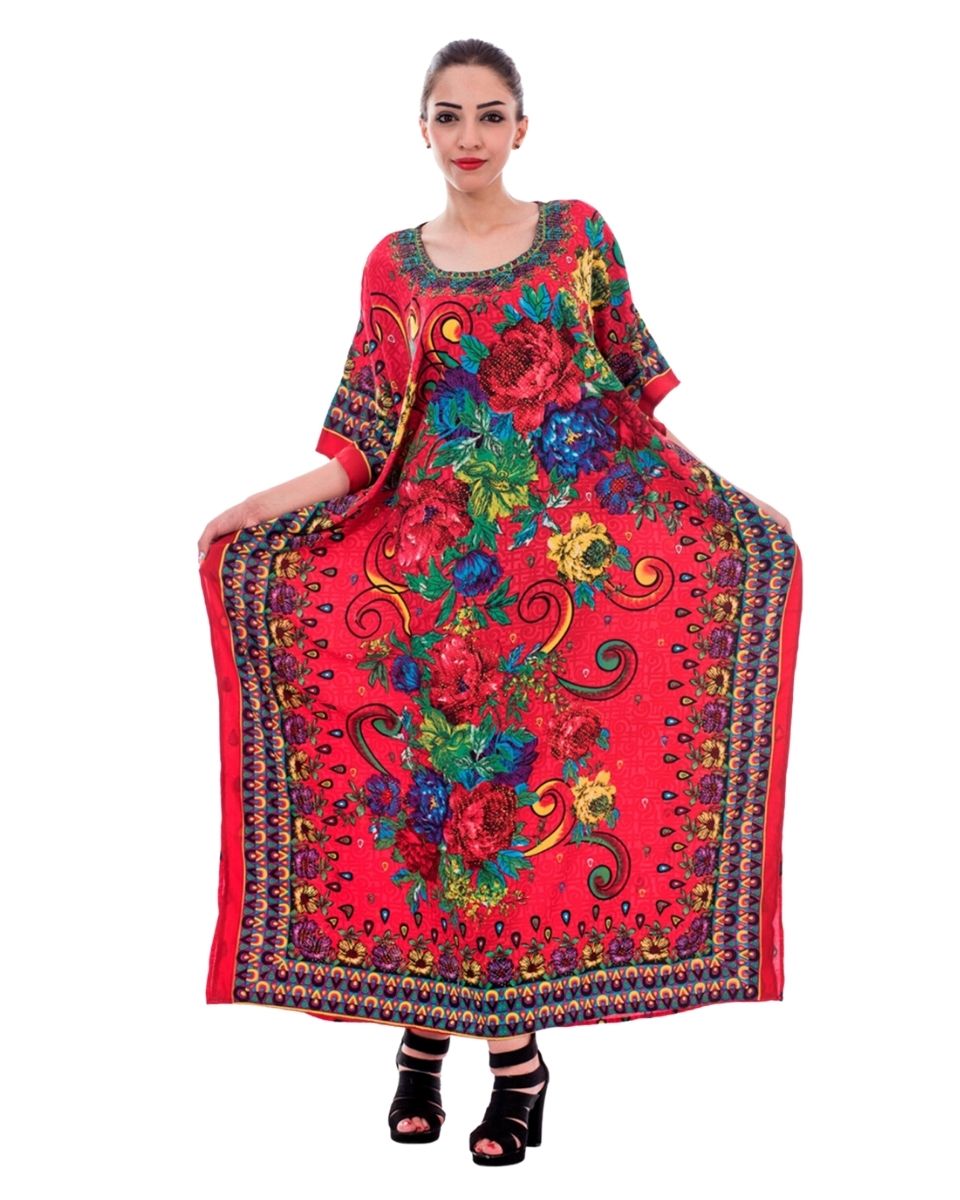 Resort Wear Red Floral Pattern Polyester Kaftan For Women