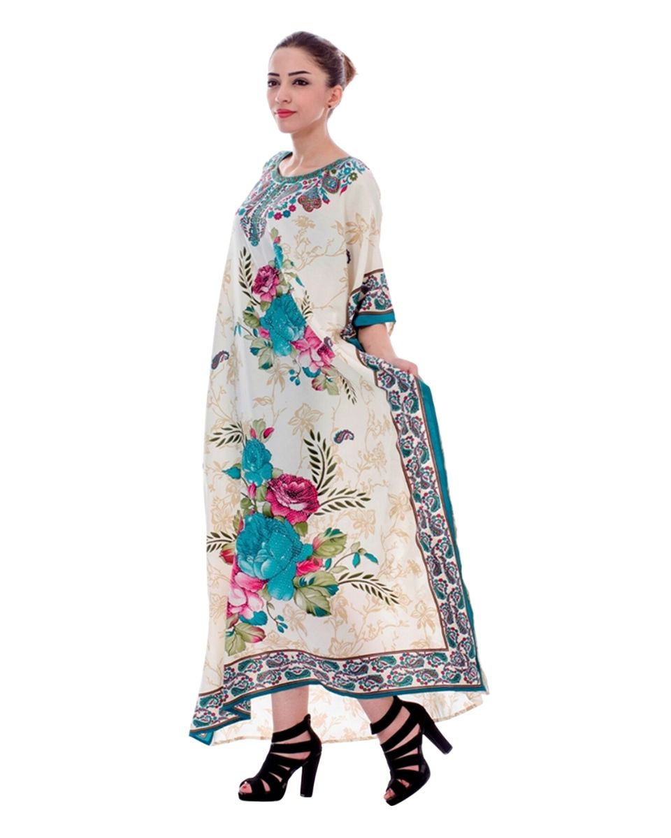 White Floral Printed Plus Size Polyester Caftan For Women