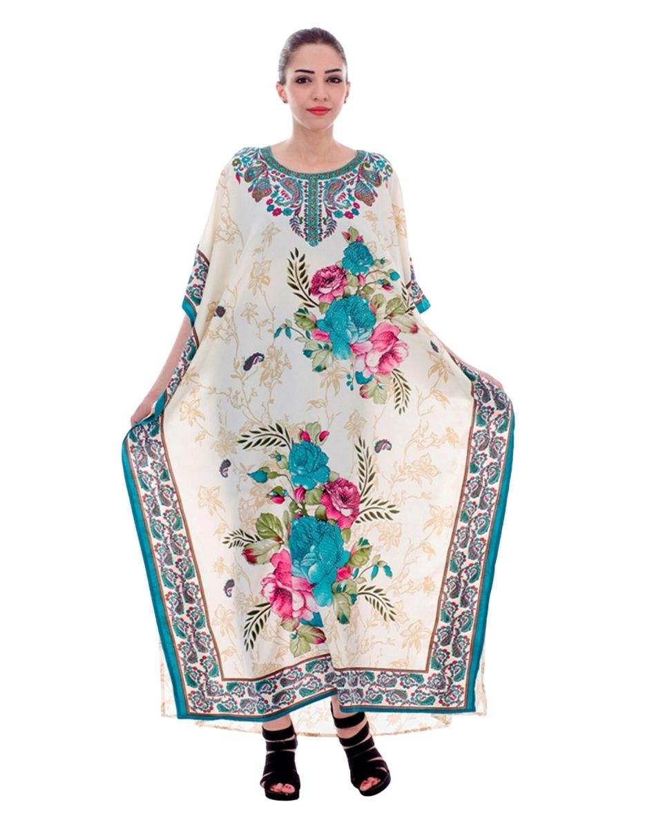 White Floral Printed Plus Size Polyester Caftan For Women