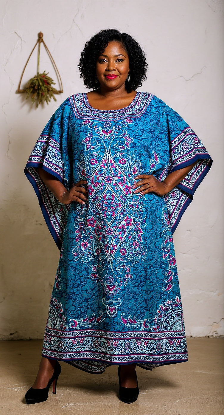 Floral Blue Polyester Plus Size Kaftan Dress For Women