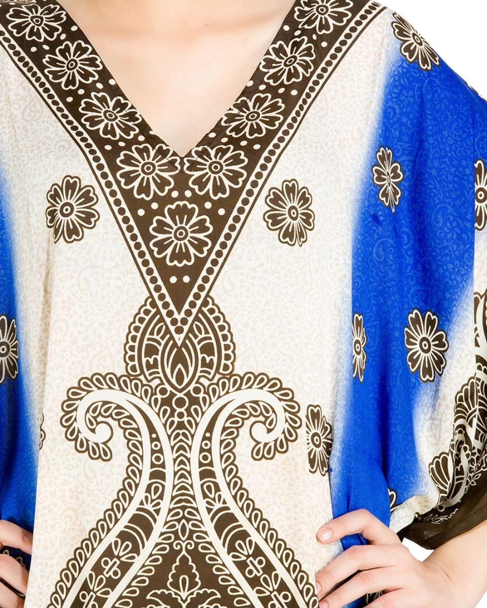 White And Blue Polyester Paisley Pattern Caftan For Plus Size Women