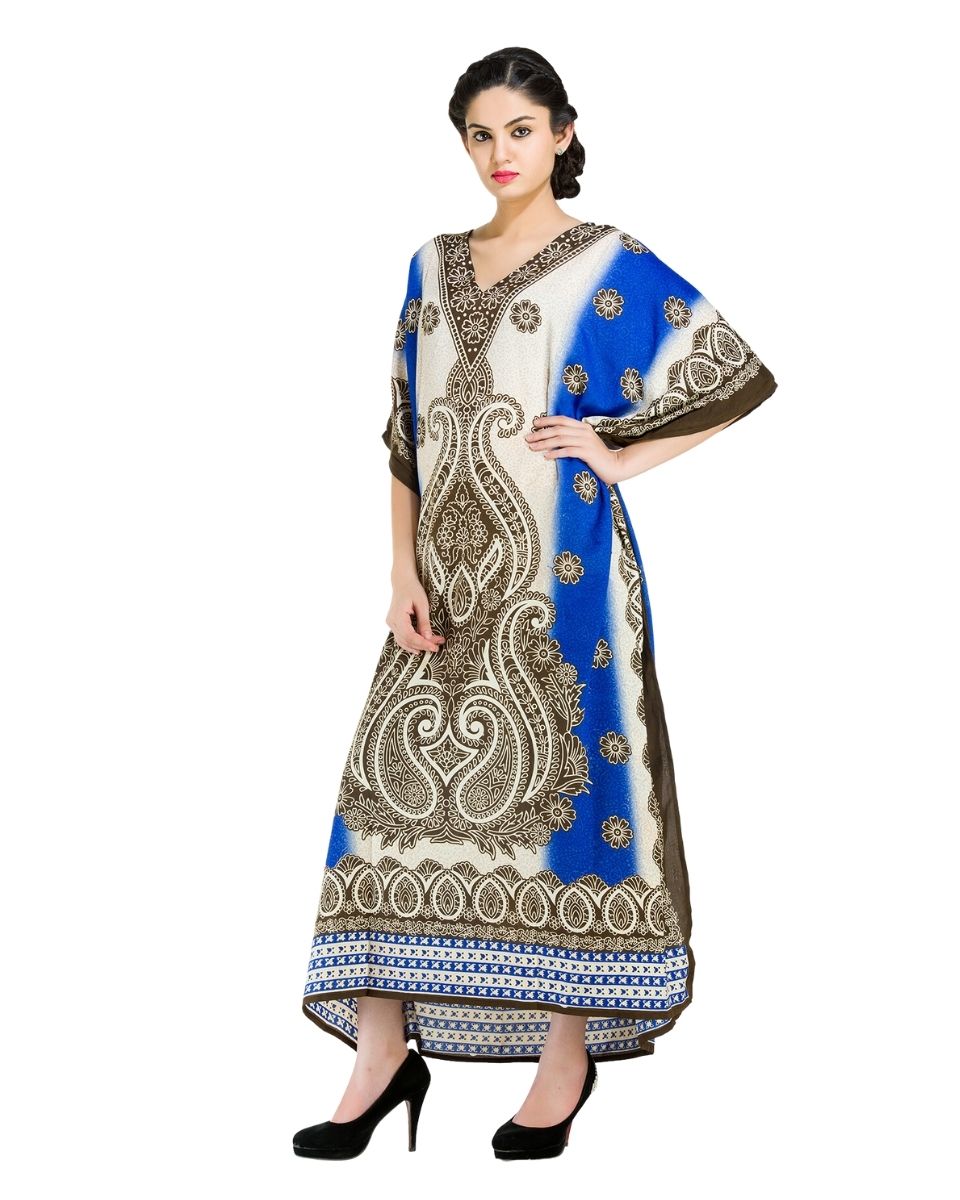 White And Blue Polyester Paisley Pattern Caftan For Plus Size Women