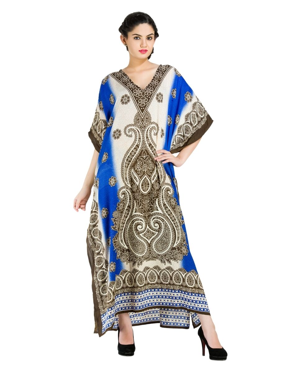 White And Blue Polyester Paisley Pattern Caftan For Plus Size Women