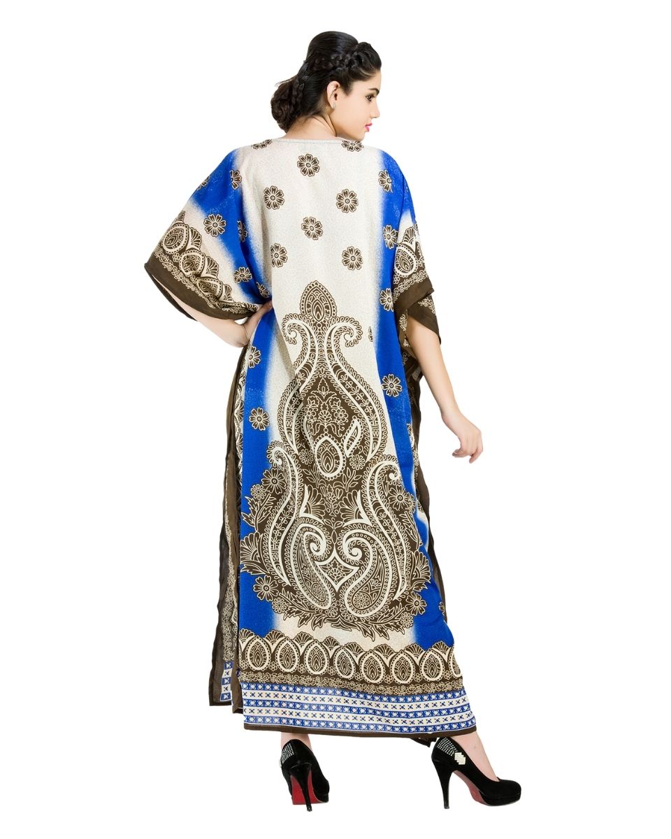 White And Blue Polyester Paisley Pattern Caftan For Plus Size Women