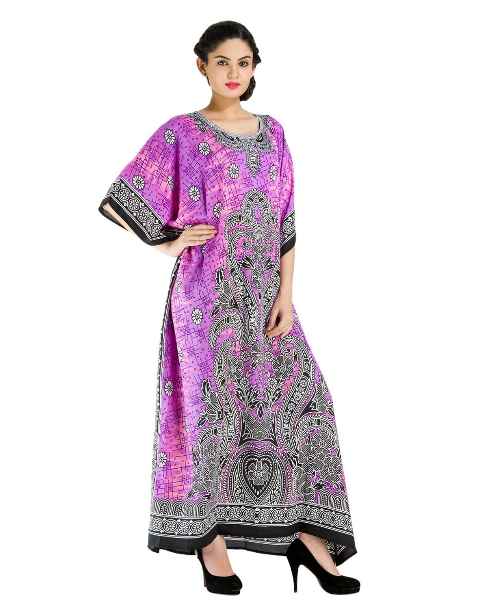 Purple Floral Pattern Kimono Polyester Kaftan For Plus Size Women