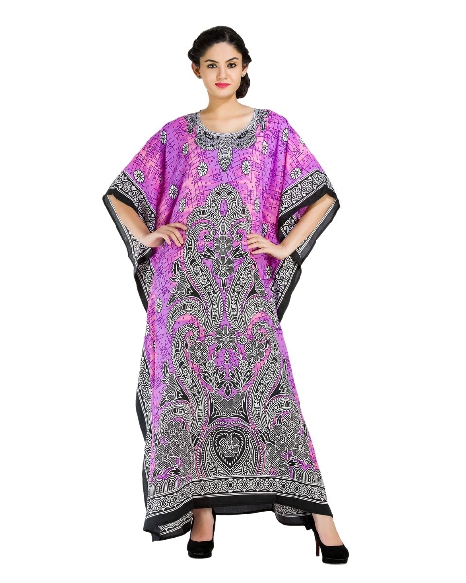 Purple Floral Pattern Kimono Polyester Kaftan For Plus Size Women