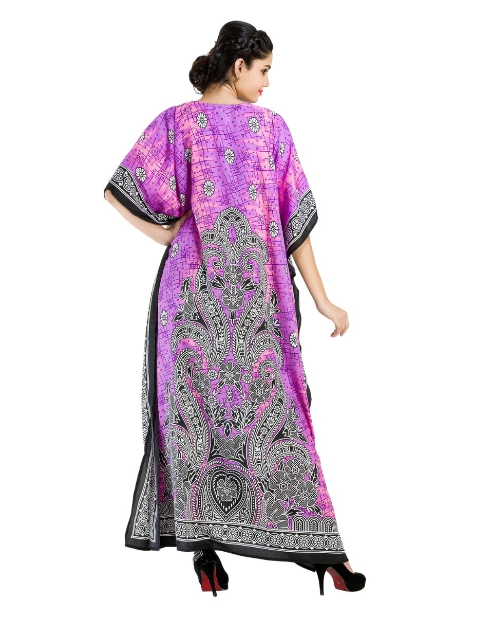 Purple Floral Pattern Kimono Polyester Kaftan For Plus Size Women