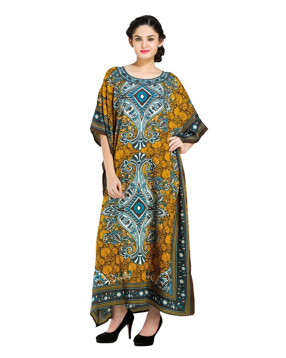 Leaf And Paisley Pattern Polyester Caftan For Plus Size Women