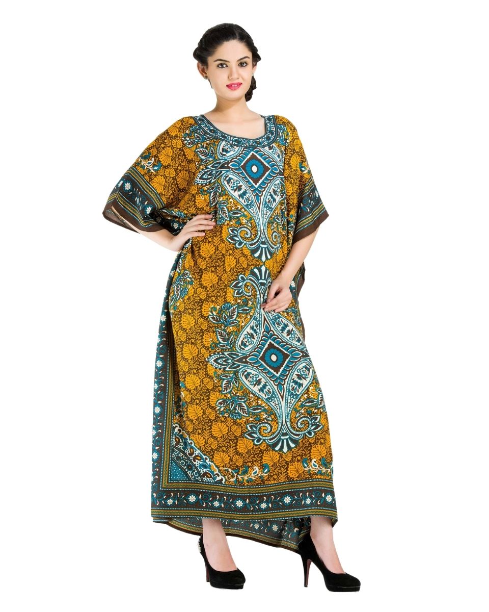 Leaf And Paisley Pattern Polyester Caftan For Plus Size Women