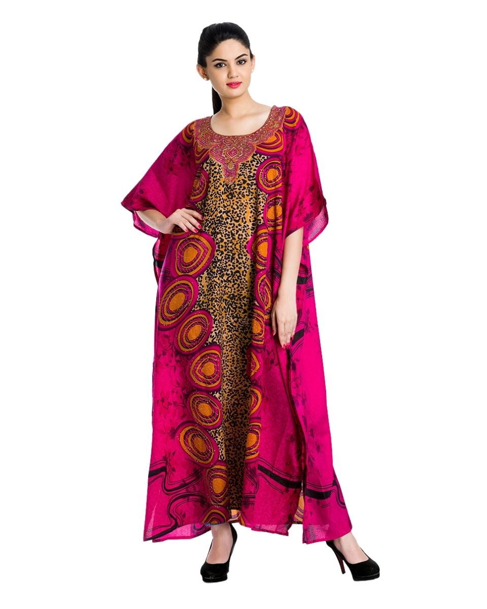 Leopard Pattern Pink Polyester Kaftan For Plus Size Women